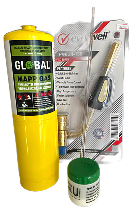 Kit de Soldadura MAPP Gas + Soplete Everwell JH-1S6 con Varilla y Pasta Fundente